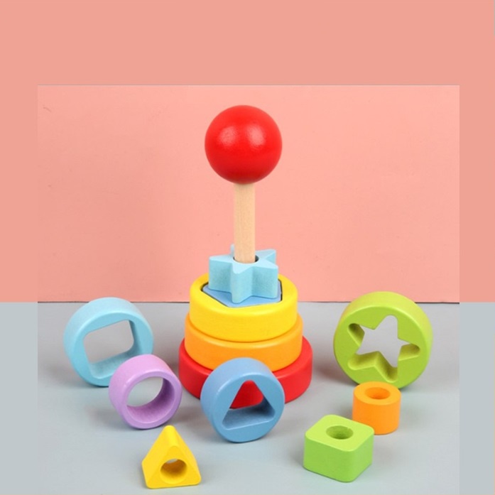 Đồ chơi gỗ Xếp hình gỗ thông minh hình trụ sơn màu an toàn cho bé Gôn đồ chơi