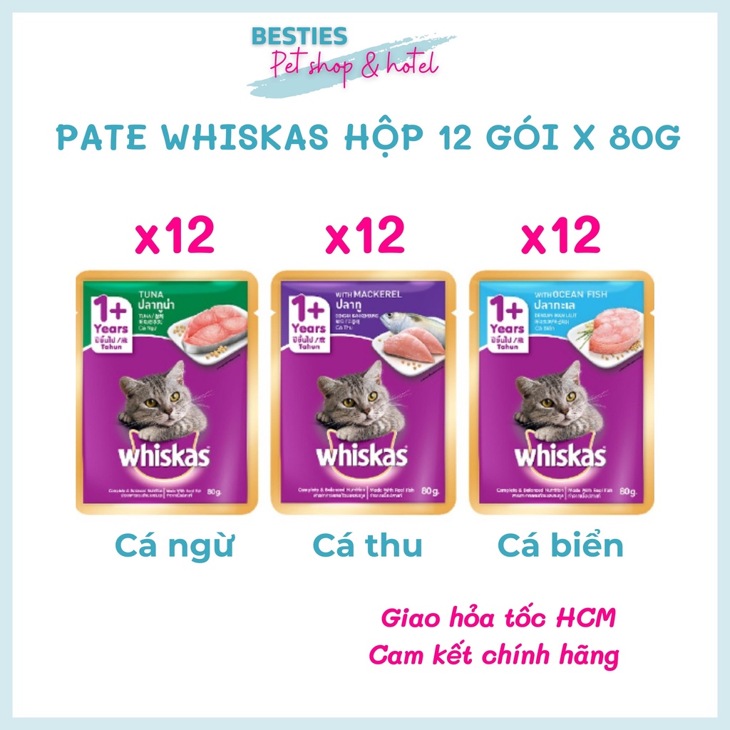 Thức ăn pate cho mèo lớn Whiskas hộp 12 túi 80g