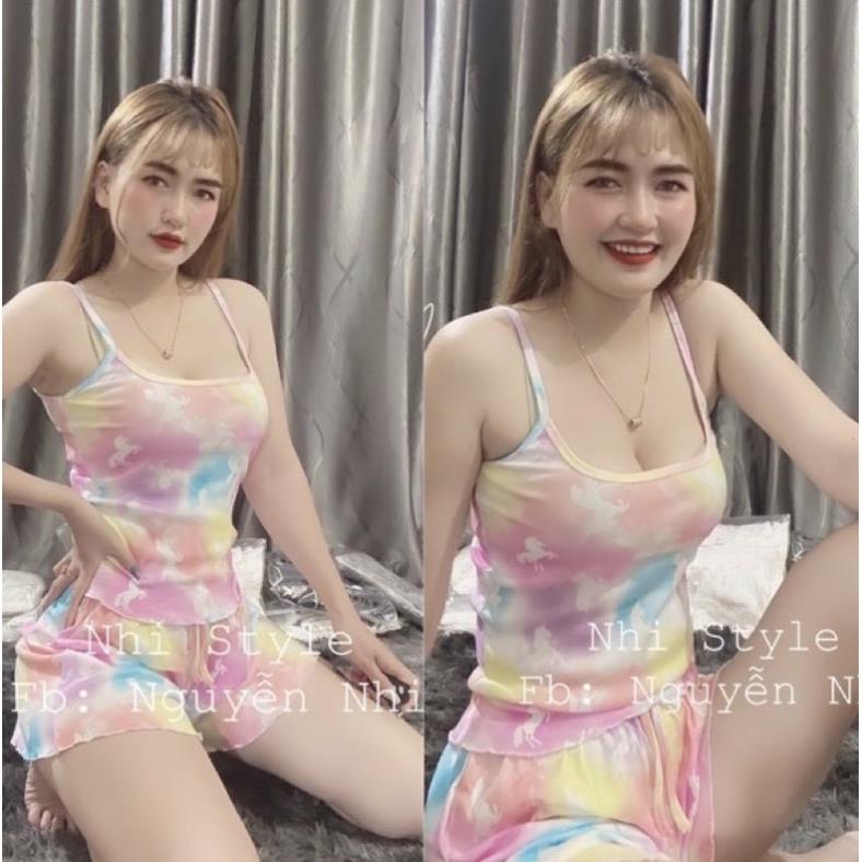 Bộ ngủ 2 dây họa tiết chất co giãn mát lạnh, Sét đồ ngủ hai dây sexxy BN0081 - NhiNhi Shop