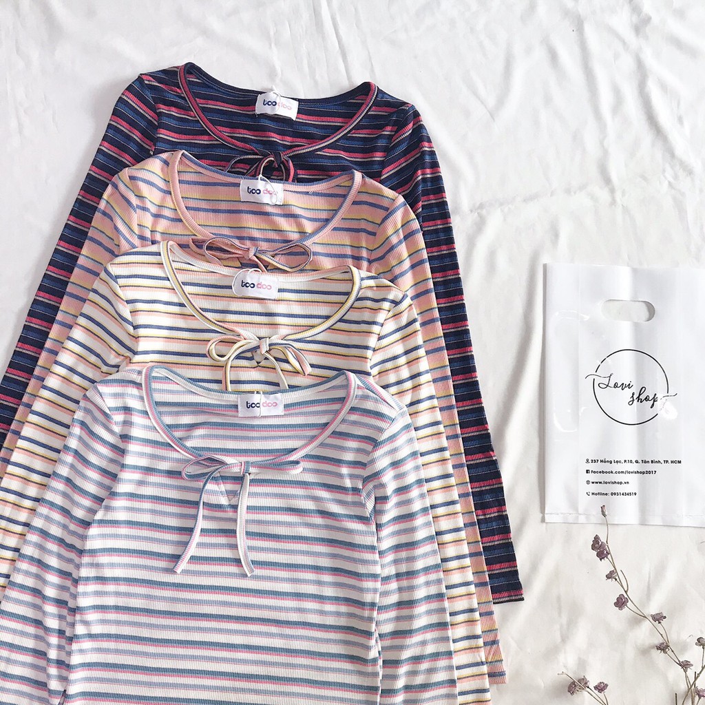 Áo croptop thun gân tay dài kẻ sọc cột nơ thời trang Lovi