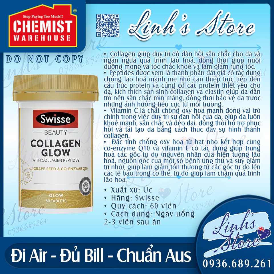 60 viên 💙 Swisse Beauty Collagen Glow 💙 Chemist Warehouse - Úc