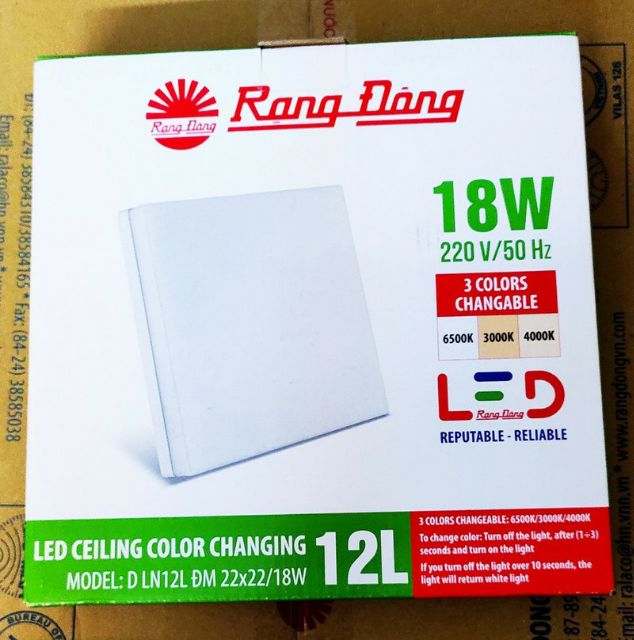 ĐÈN LED ỐP TRẦN VUÔNG 18W ĐỔI MÀU D LN12L ĐM 22x22/18w RĐ