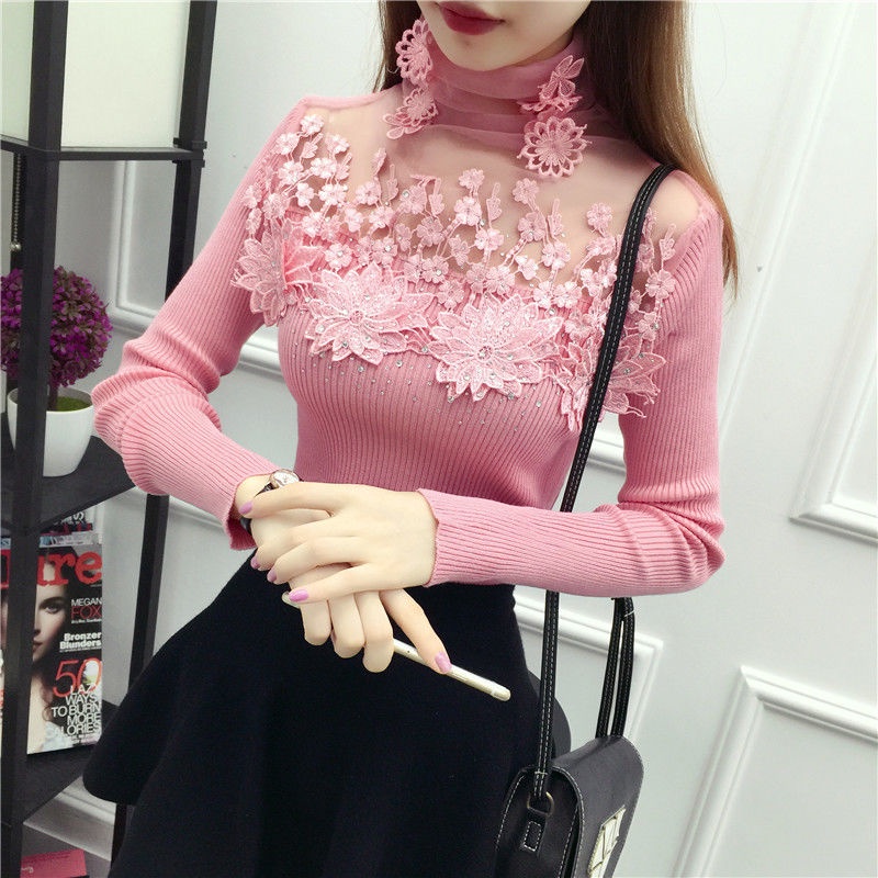 Áo len cổ lọ tay dài phối ren đính đá thời trang thu đông mới cho nữ 2021