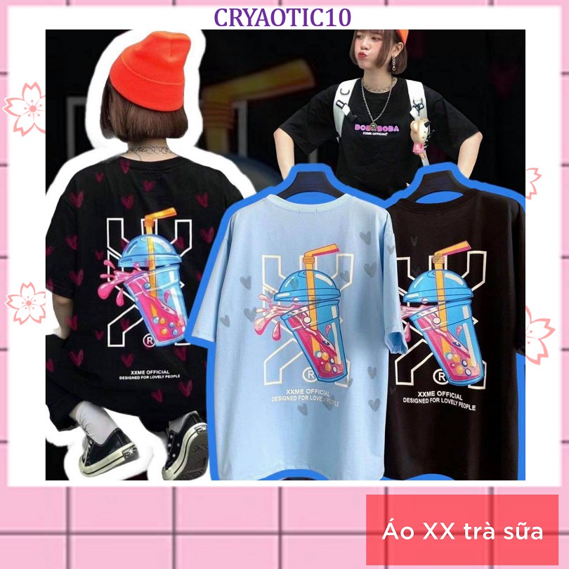 Set áo trà sửa + quần đen 3 sọc / shot cartoon unisex
