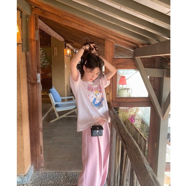 Áo Thun Tay Ngắn Cổ Tròn Dáng Rộng In Họa Tiết Hoạt Hình Thời Trang Cho Nữ