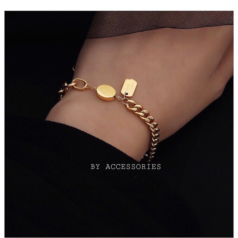 Lắc tay titan xích 2 kiểu phối mặt khắc chữ Good luck không gỉ