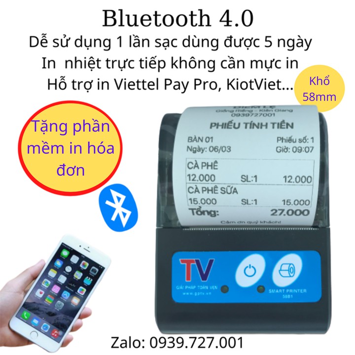 Máy in hóa đơn - máy in nhiệt Bluetooth cầm tay hỗ trợ ios, android - Tặng 5 cuộn giấy