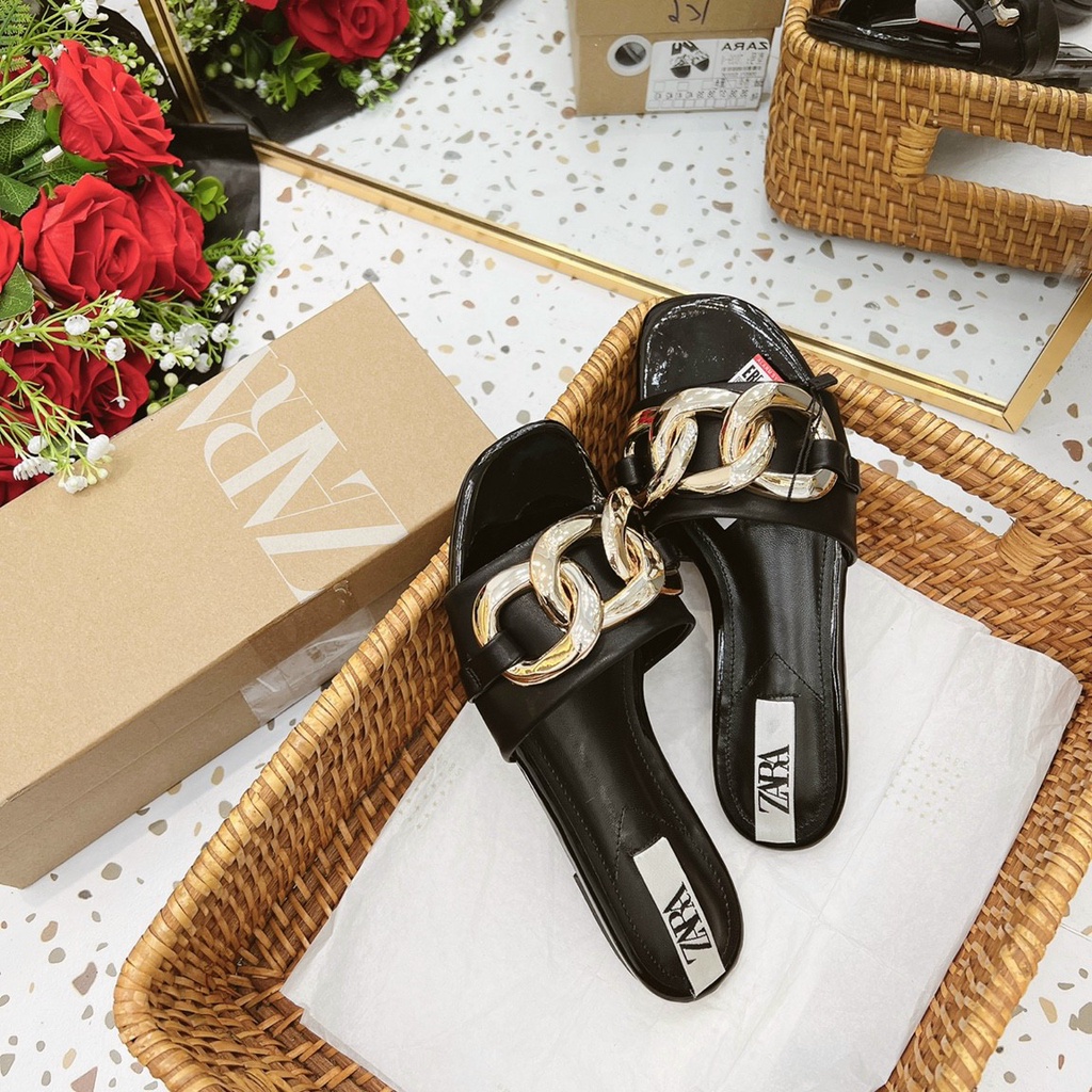 Dép lê nữ quai ngang phối xích to màu vàng mềm êm Nguyên hộp hãng cao cấp