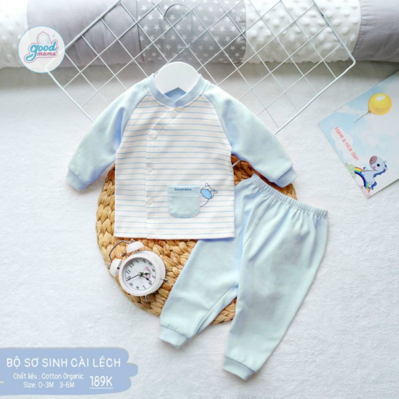 Goodmama - Bộ kẻ nỉ nhung sơ sinh cài lệch cho bé 3-7kg