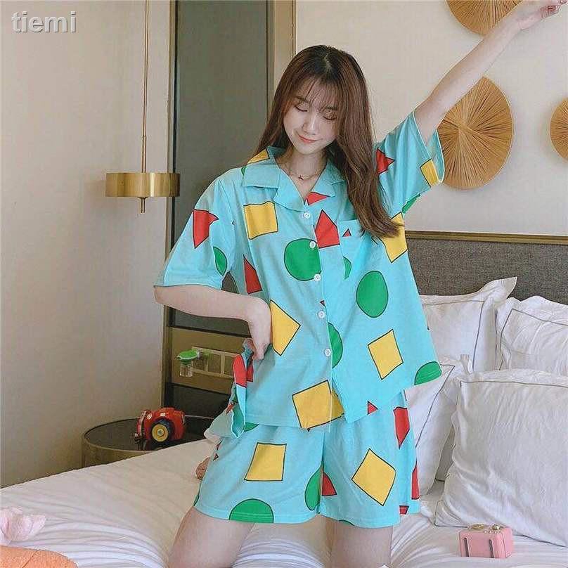 Bộ Đồ Ngủ Tay Ngắn Chất Liệu Cotton In Hình Cậu Bé Bút Chì Shin Chan Dành Cho Nữ