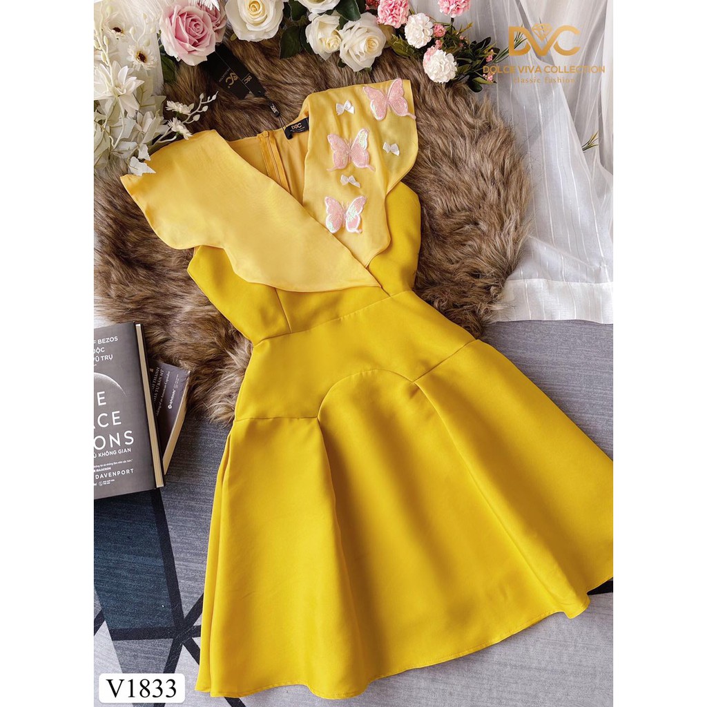 Váy xòe cổ vest cách điệu, màu vàng, tôn da, tôn dáng, đầm đi tiệc, đi chơi, váy thiết kế DVC #V1833