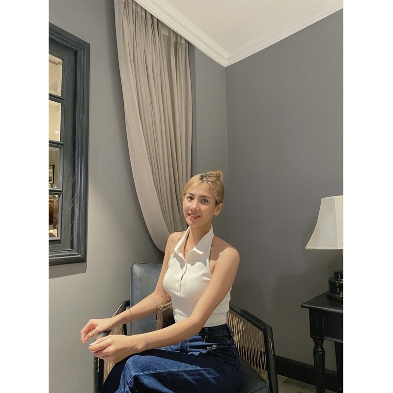 Áo croptop polo hở lưng Boin chất bo gân cotton co dãn 4 chiều siêu đẹp from ôm 5 màu trắng/đen/hồng/tím/tan_ Hình Thật