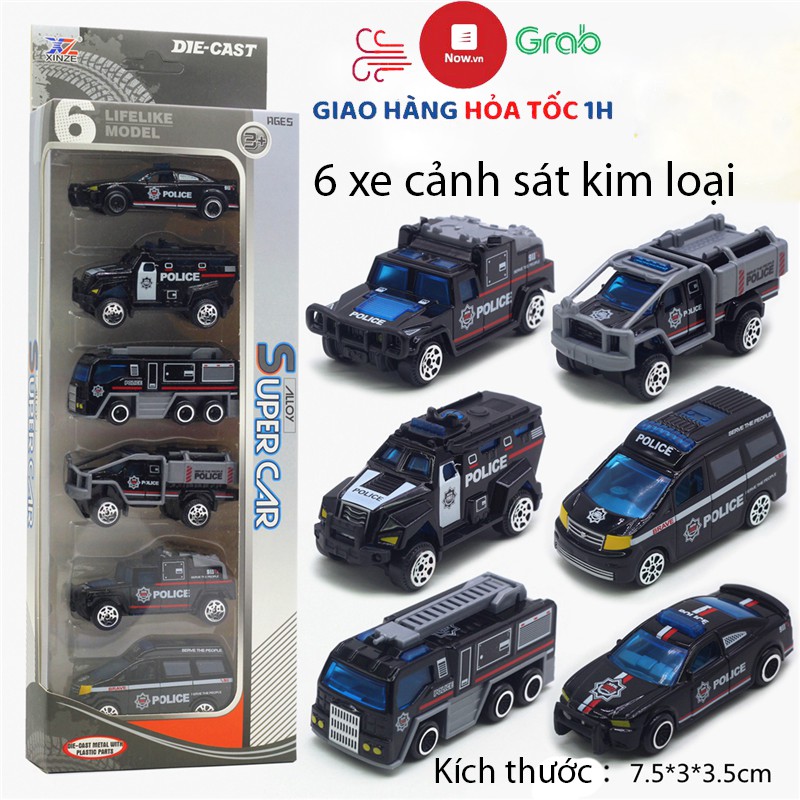 Đồ chơi xe cảnh sát màu đen bằng hợp kim gồm 6 xe có máy bay trực thăng