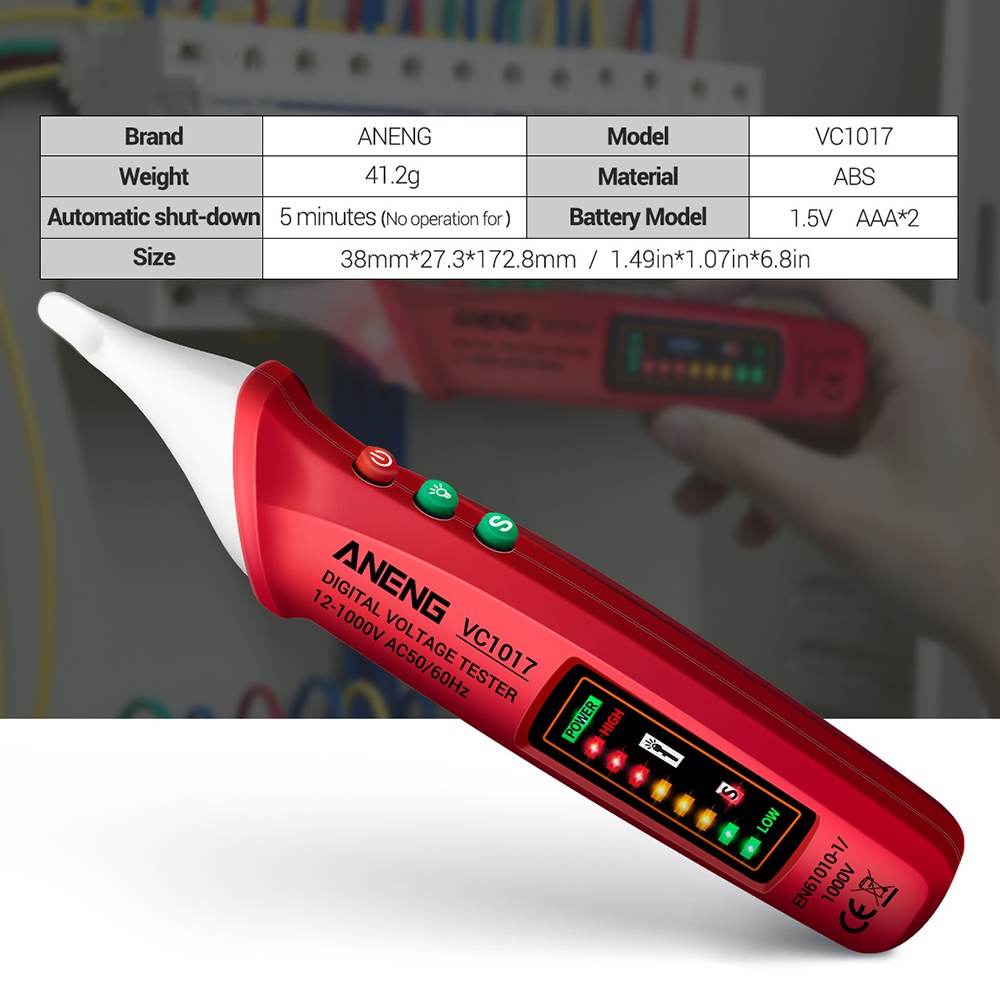 AIDEEPEN Bút kiểm tra đo điện áp VC1017 12-1000V AC50/ 60HZ NCV có đèn LED 3 màu sắc tùy chọn