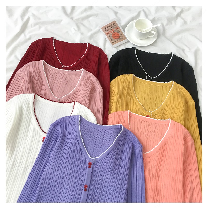 Áo dệt kim dài tay cổ tim phong cách Hàn Quốc thanh lịch dành cho nữ | BigBuy360 - bigbuy360.vn