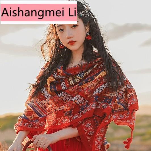 Khăn Choàng Cotton Lanh Lụa Tây Tạng In Hình Hồ Muối Biển Sa Mạc Chống Nắng Làm Đạo Cụ Chụp Ảnh Cho Nữ Khi Đi Du Lịch / Đi Biển