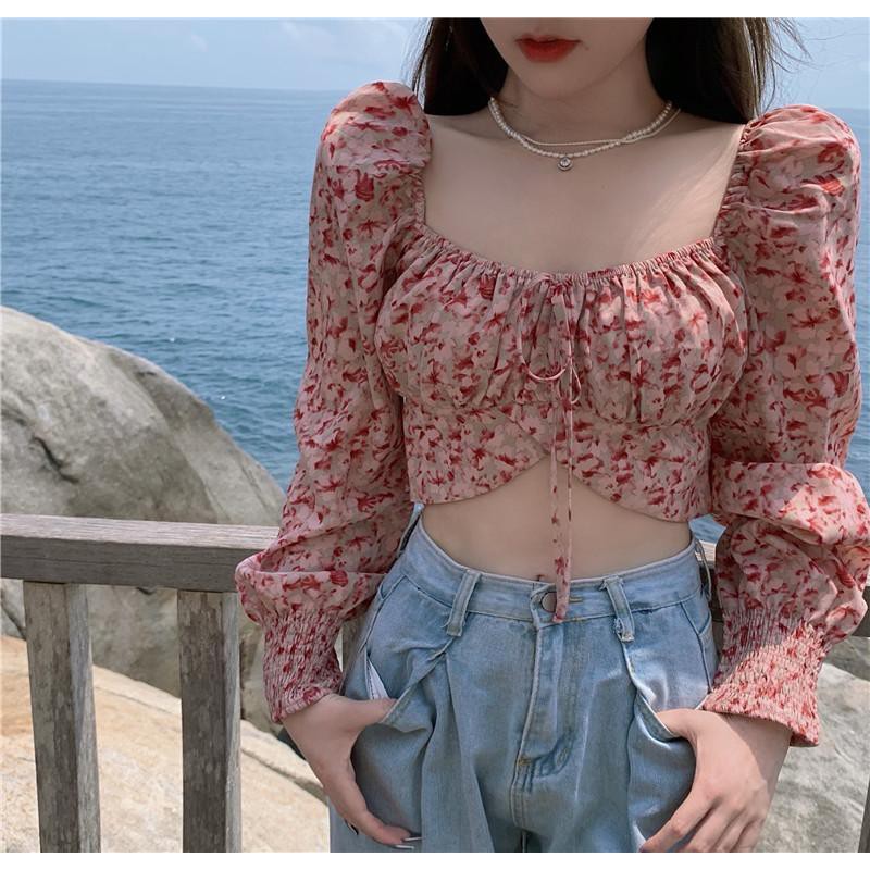 Áo Kiểu Tay Dài Cổ Vuông Chất Chiffon Hoạ Tiết Hoa Cho Phái Nữ | BigBuy360 - bigbuy360.vn