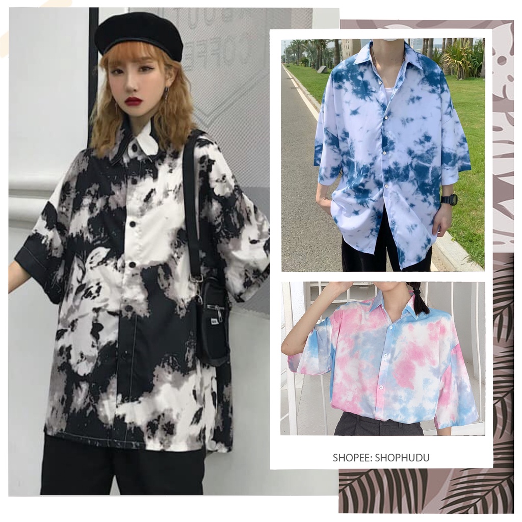 A010 Áo sơ mi loang cỡ rộng nam nữ unisex kiểu dáng Hàn Quốc, áo tay lỡ vải thô kate vảy sơn cá tính oversize Ulzzang