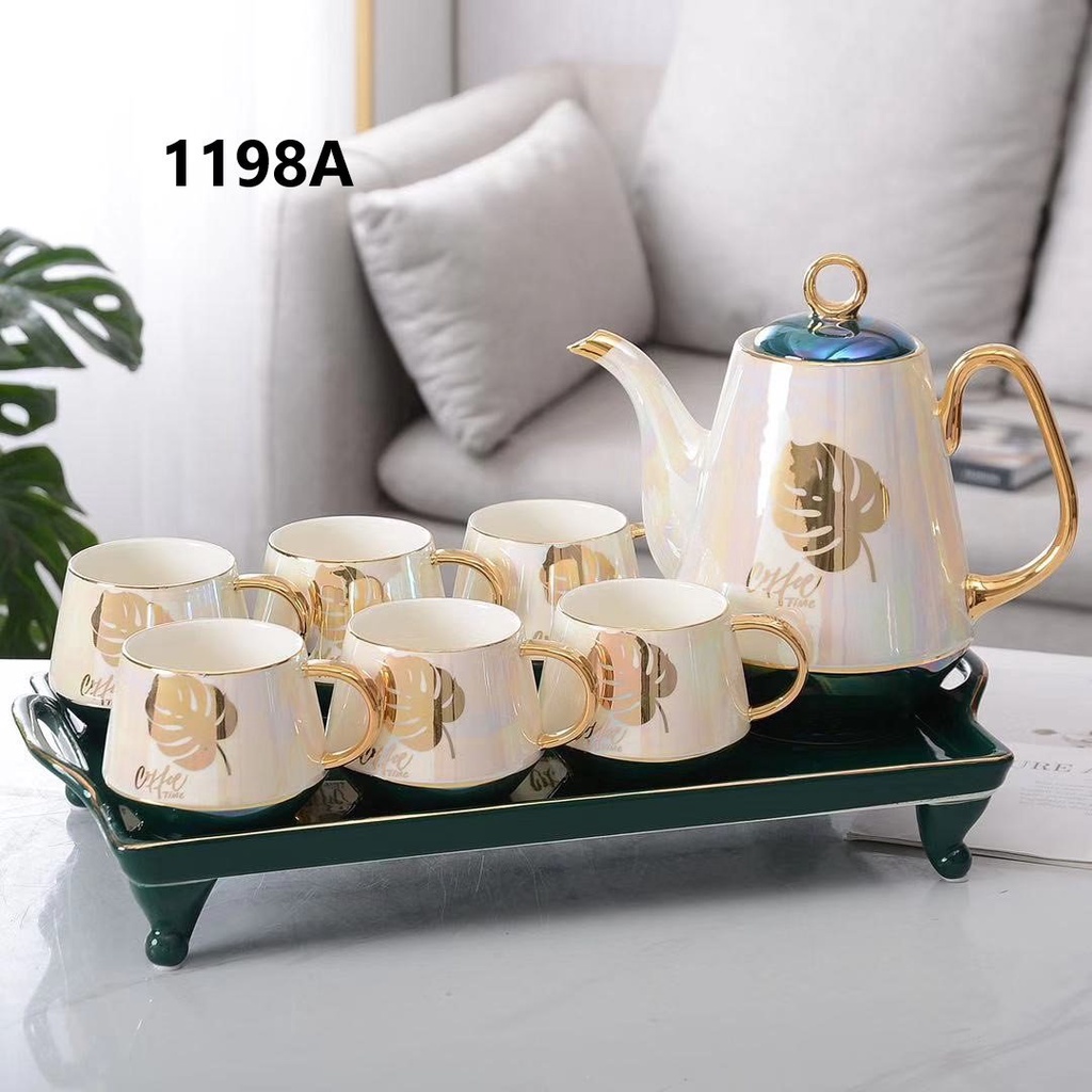 Bộ bình cốc lá men bóng kèm khay cao phong cách Châu Âu