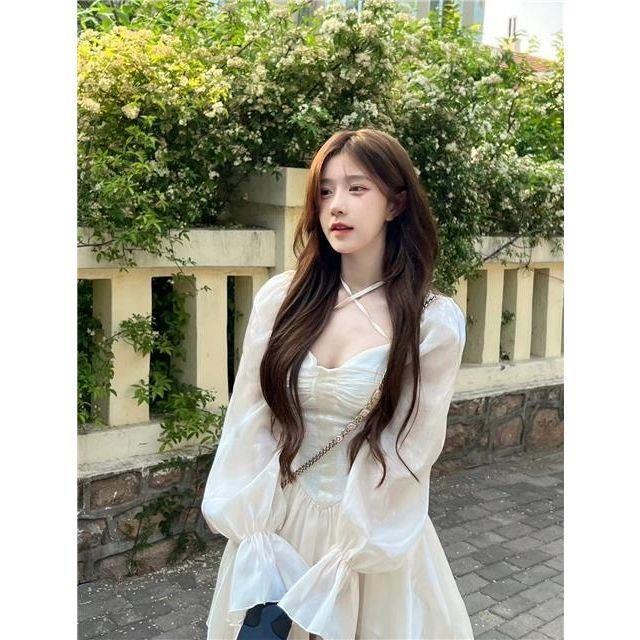 Đầm Ngắn Tay Dài Màu Trắng Trơn Phong Cách Thời Trang Mùa Thu Mới