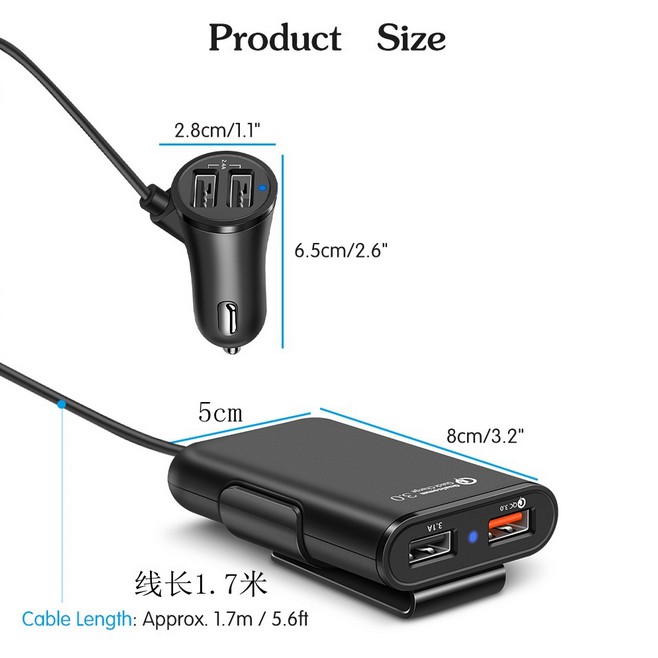 Tẩu sạc nhanh ô tô QC3.0 chia 4 cổng USB