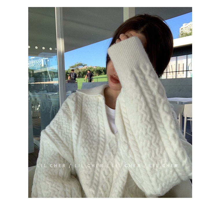 Áo dệt kim cổ chữ V dáng rộng thời trang thu đông phong cách Hàn Quốc cho nữ