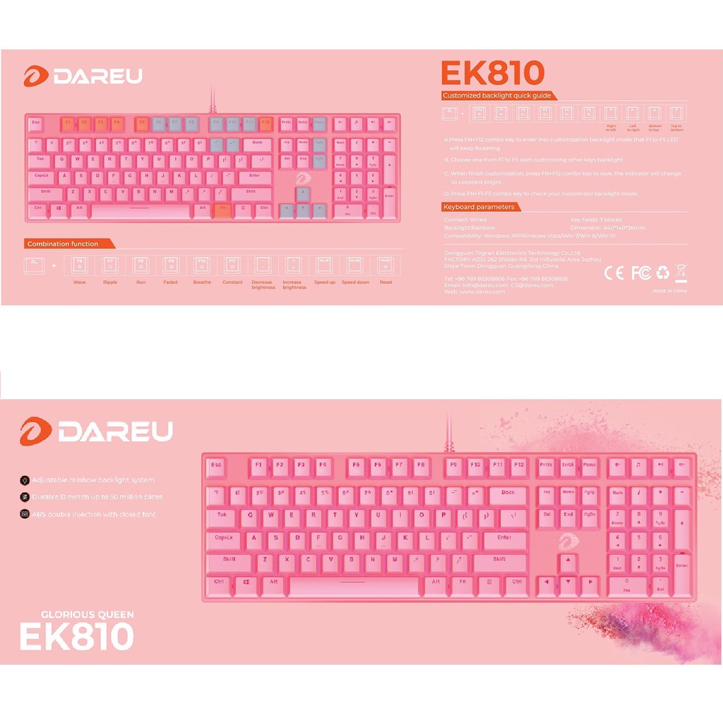 Bàn phím cơ Gaming Dareu EK810 (Black / Queen Pink) Multi Color 7 vùng - Hàng chính hãng BH 24 tháng