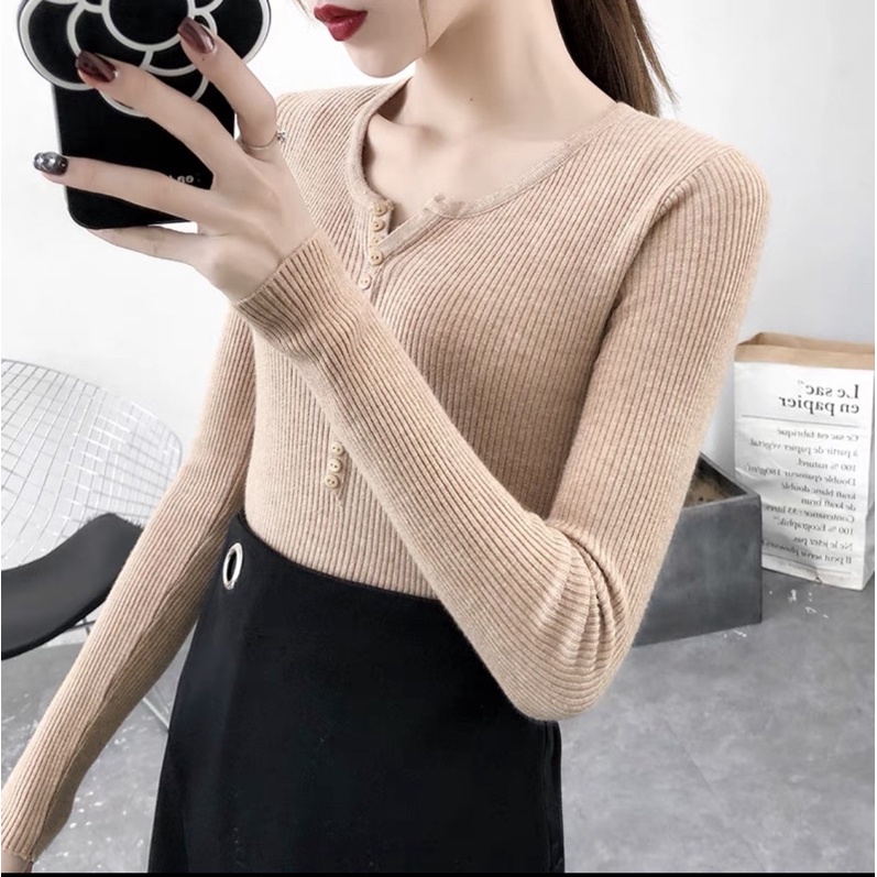 Áo len lông cừu dài tay cúc ngực cao cấp
