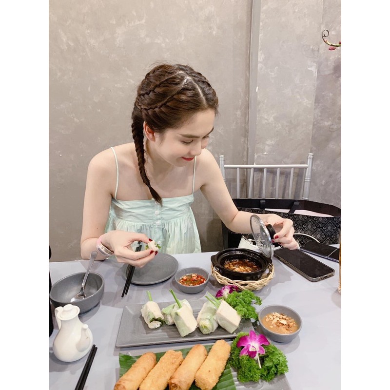 Đầm hai dây dài kẻ xanh maxi kèm ảnh thật