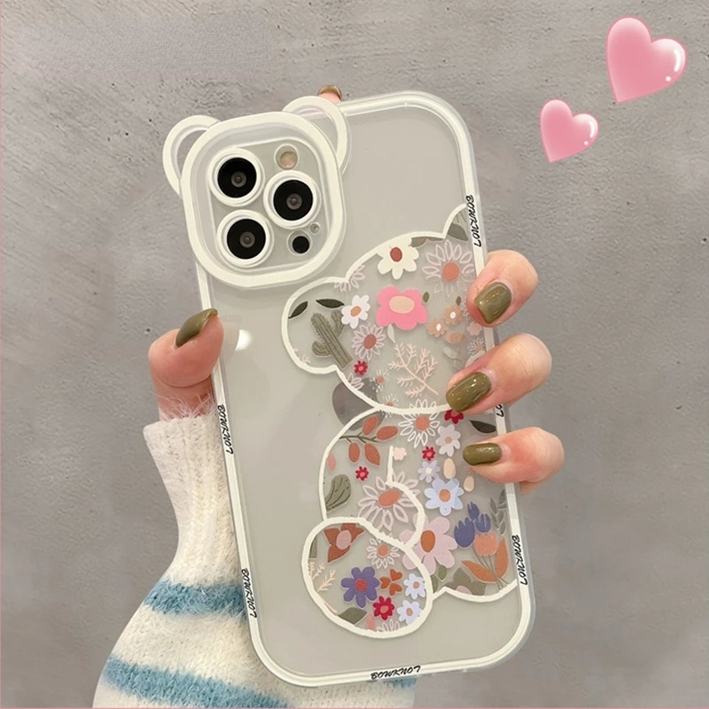 Ốp Điện Thoại Mềm Trong Suốt In Hình Gấu Và Hoa Dễ Thương Cho iphone 15 14 pro max 13 pro max 11 12 pro max x xr xs max 7 8 plus