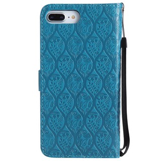 For iPhone 7 Plus/8 Plus Blue Lanyard Relief Flower Leather Flip Case