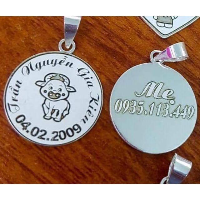 Mặt dây chuyền khắc tên bé. (Khắc 2 mặt Loai đk tầm 2.5cm)