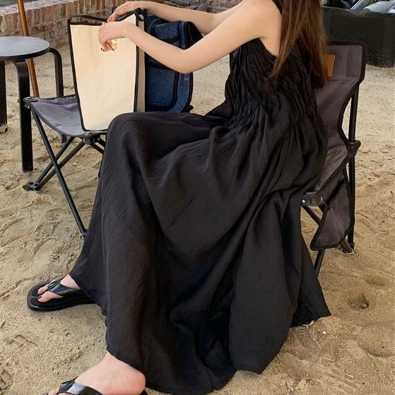 Đầm Hai Dây Cổ Chữ V Màu Trắng Thiết Kế Xếp Ly Phong Cách Hàn Quốc Hàng Mới 2022 Thời Trang Cho Nữ