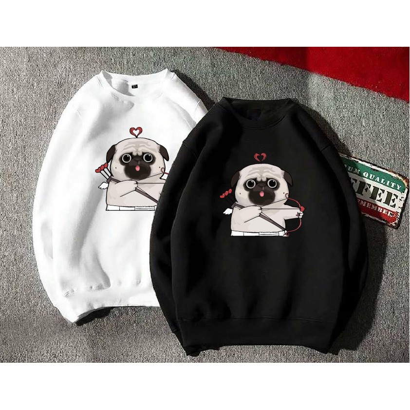 Áo nỉ Sweater hình chó Pug dễ thương form suông rộng unisex cổ tròn, chất nỉ bông siêu ấm áo sweater nam trơn