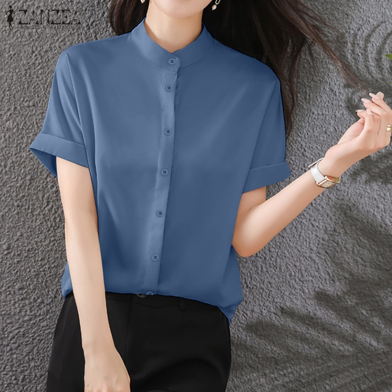 Zanzea Áo Sơ Mi Tay Ngắn Cổ Đứng Màu Trơn Phong Cách Hàn Quốc Thời Trang Cho Nữ
