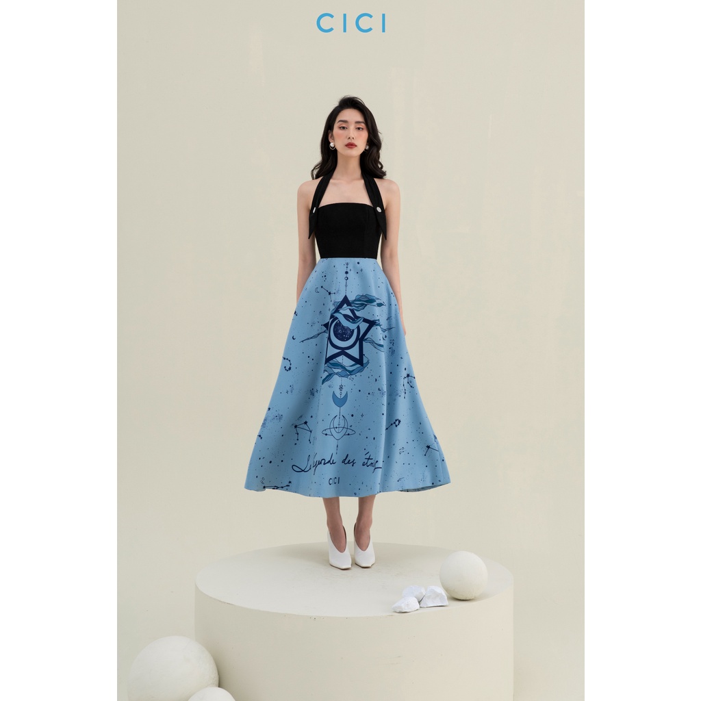 Đầm dài cổ yếm bản in Edith