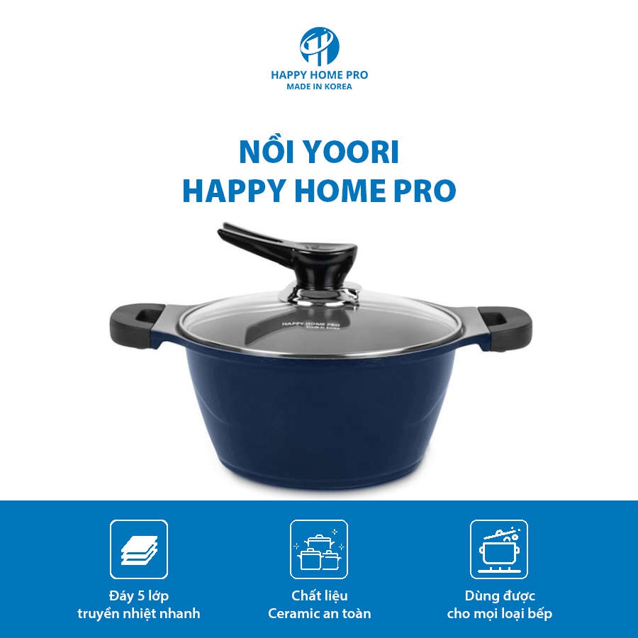 Nồi nhôm tráng sứ Yoori Happy Home Pro size 24cm đáy từ - Made in Korea (màu ngầu nhiên)
