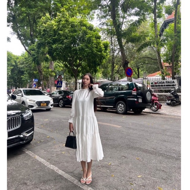 Váy suông dài tay phối bèo tiểu thư, váy du lịch đà lạt (Ảnh thật)