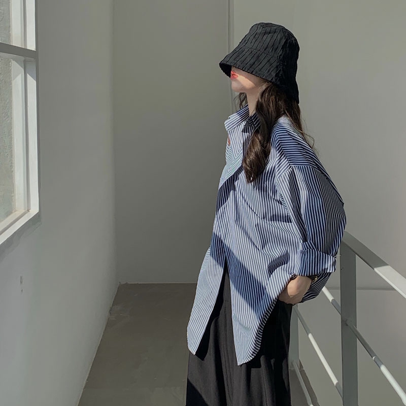 SUXI Áo Sơ Mi Nữ Tay Dài Dáng Rộng Kẻ Sọc Phong Cách Hàn Quốc