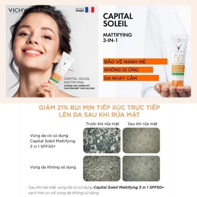 Kem chống nắng Vichy Capital Soleil Mattifying 3in1 Spf50+ 50ml chống bụi mịn ô nhiễm tia uva+ uvb dành cho da dầu mụn