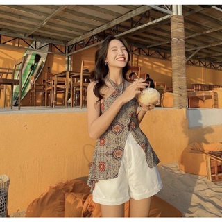 Set áo yếm thổ cẩm lệch tà + short