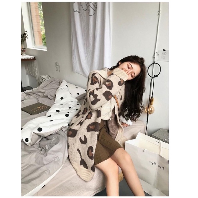 Áo khoác cardigan len họa tiết da báo dáng dài 3 màu