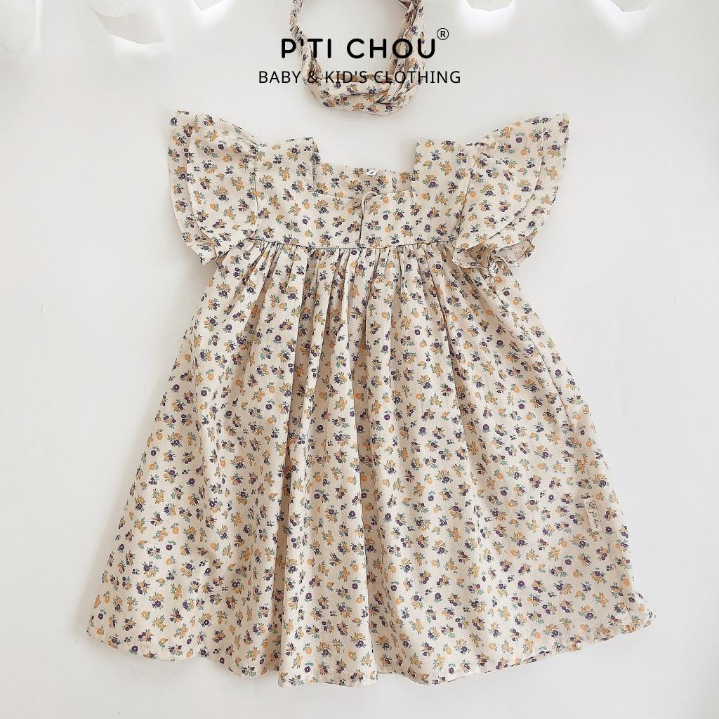 Váy hanbok đầm bé gái phong cách Hàn Quốc vải cotton 100% họa tiết hoa lá kèm turban - P'ti Chou