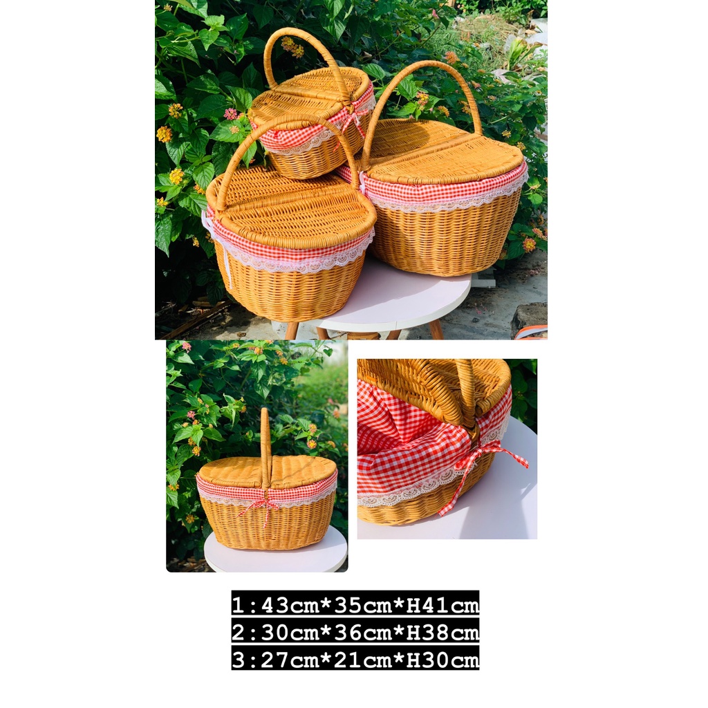Giỏ Mây Picnic Có Lót Vải, Có Nắp Đậy/ Giỏ Mây Đi Du Lịch Dã Ngoại Tiện Nghi/ Đồ Dùng Nhà Bếp Decor Chụp Ảnh Studio