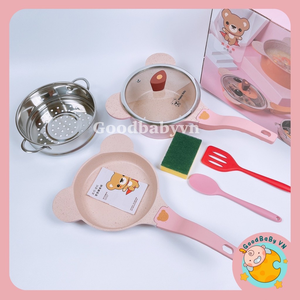 Bộ nồi chảo đá nấu ĂN DẶM chống dính cao cấp size 18 xuất hàn hình gấu cho bé Goodbabyvn