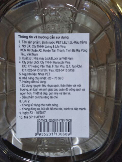 Bình  nước Pet   Lock and  lock 1,5L -  Hàng chính hãng 100%.