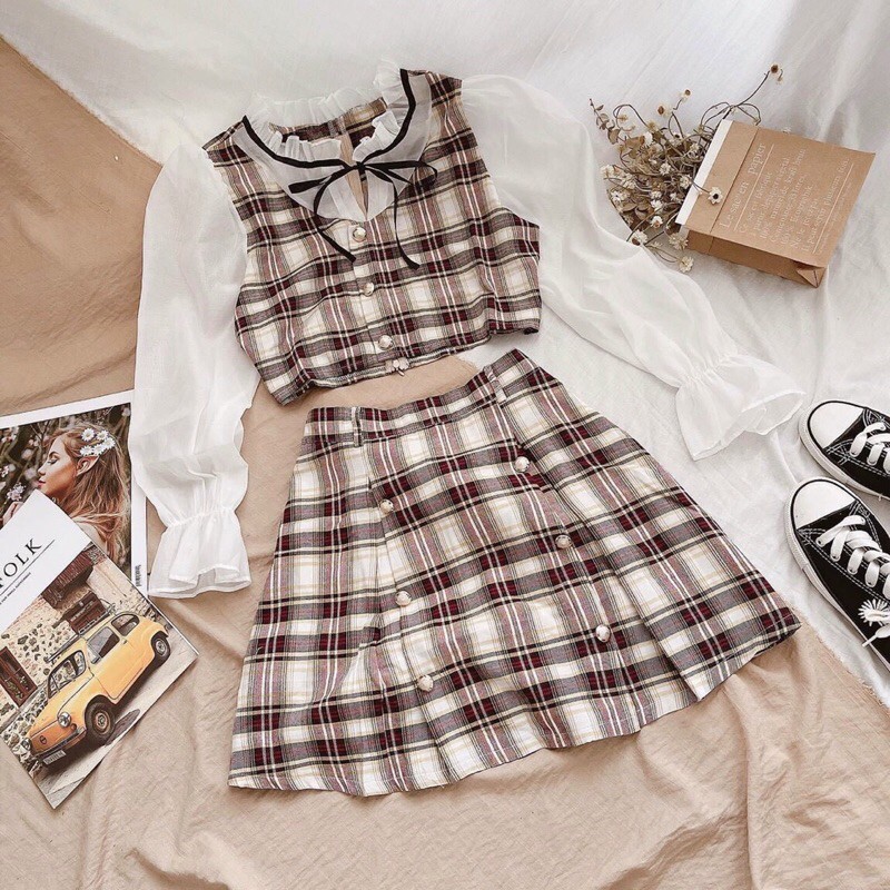 SET ÁO CROTOP PHỐI TAY VOAN+CHÂN VÁY XẾP LI TH | BigBuy360 - bigbuy360.vn