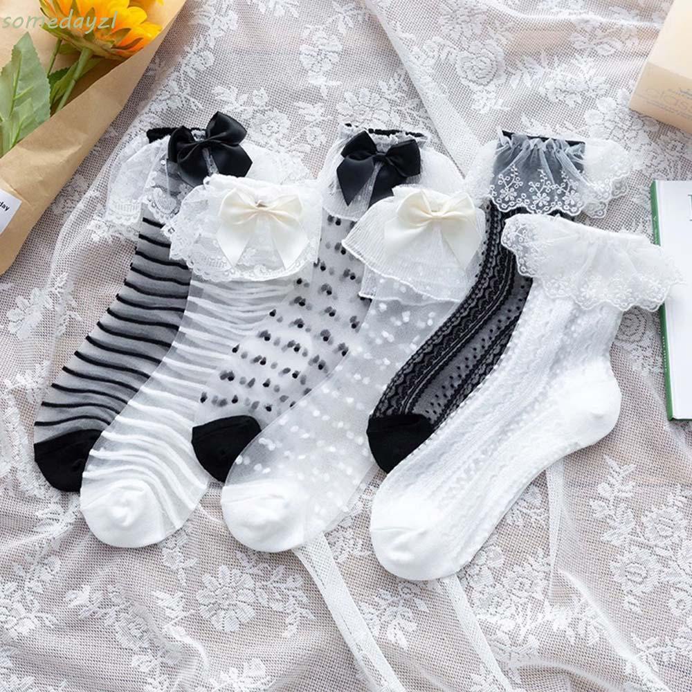 Tất lụa phối ren mỏng mệt kim xuyên thấu có hạt từ nylon phong cách ngọt ngào Nhật Bản mùa hè cho nữ