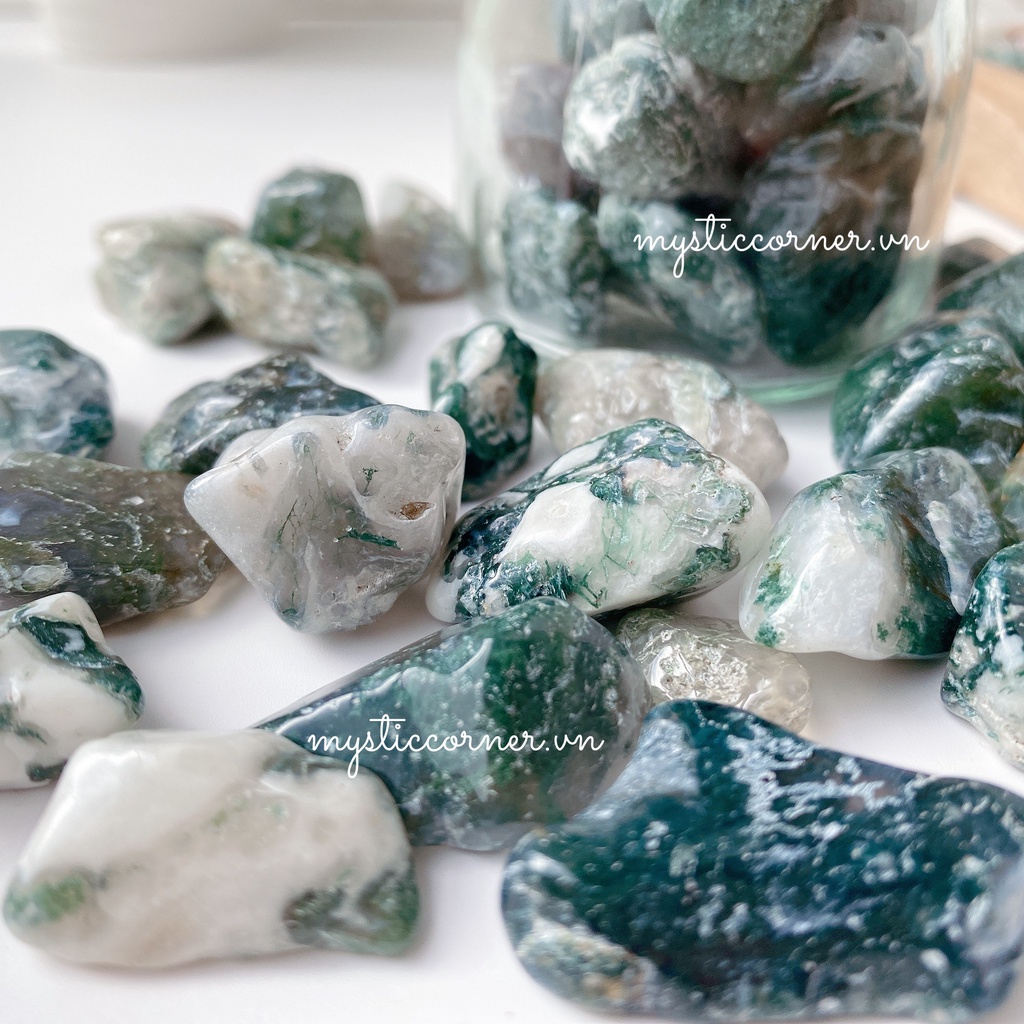 Vụn đá thanh tẩy Mã não Rêu (Moss agate), dùng trong Tarot, Reiki, Thiền Định
