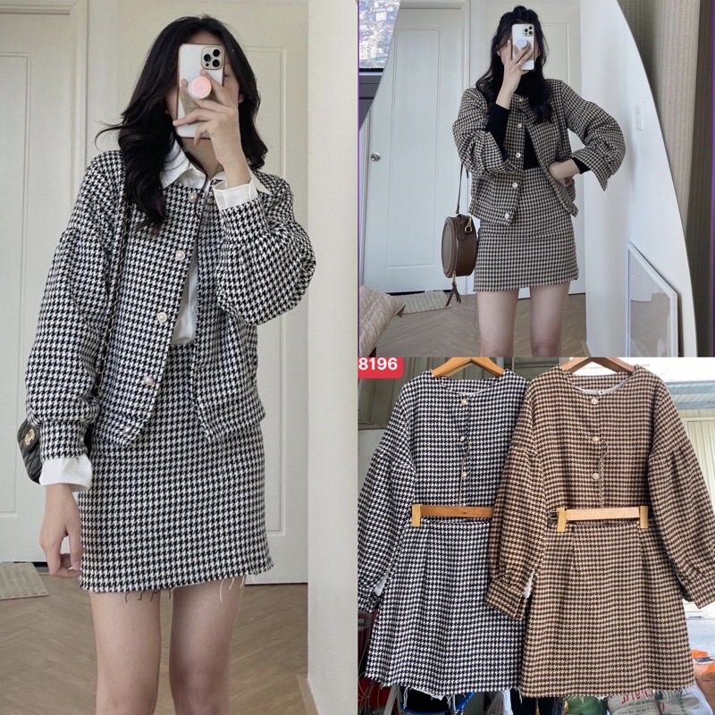 Set áo khoác kèm chân váy dạ họa tiết kẻ ZICZAC sang chảnh phong cách Hàn Quốc